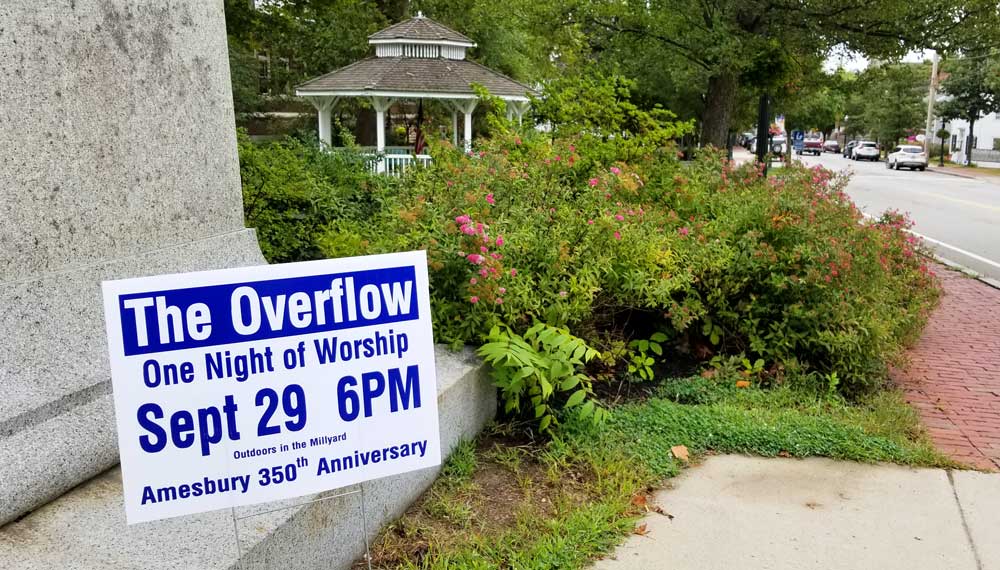 The Overflow Group Worship sign in downtown Amesbury